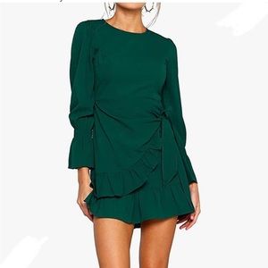 Long Sleeve Round Neck Ruffles Wrap Party Dress green